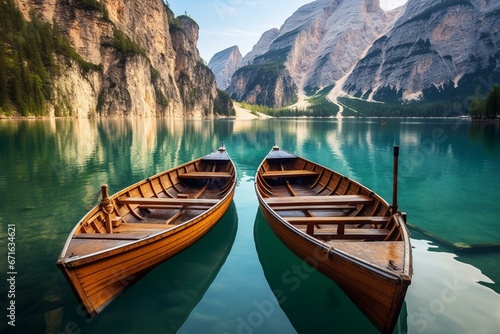 Scenic lake with boats amidst Dolomite mountains. Generative AI © Eamon