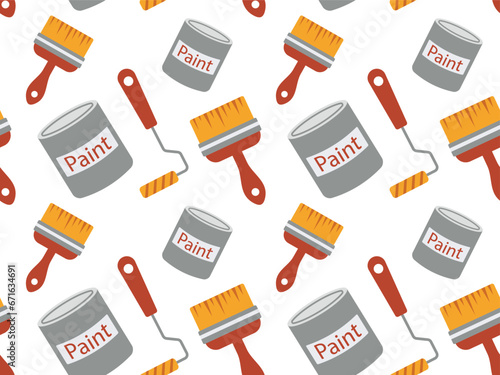 seamless pattern with paint cans, brush and roller for painting walls. Vector illustration of a continuing pattern, for wallpaper, textile, wrapping paper.