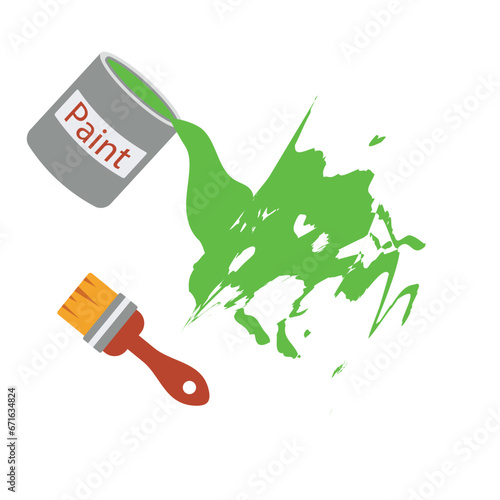 Spilled green paint from a tin labeled Paint is next to the fifth coat of paint. cool illustration. Paint is pouring from a can.