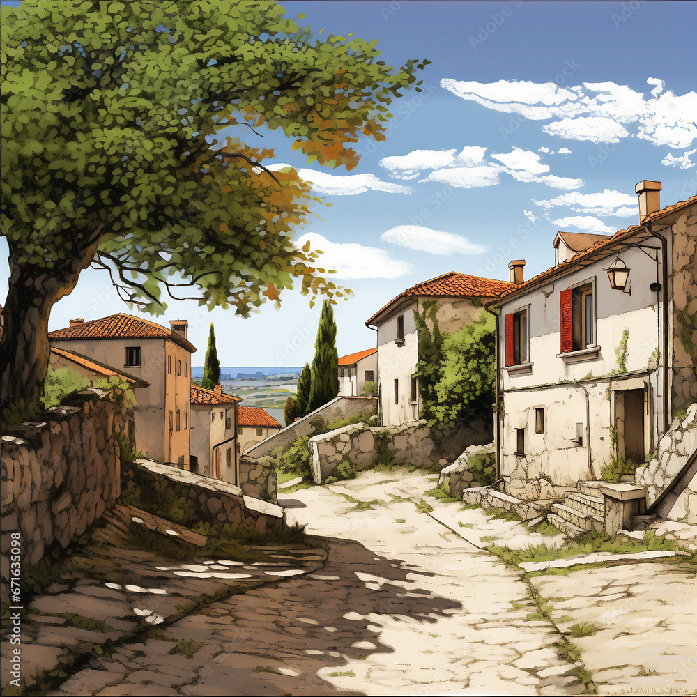 Digital painting illustration of a rural landscape