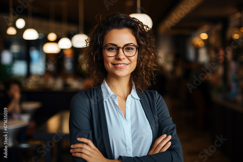 Portrait of a beautiful confident businesswoman smiling and crossed arm in a modern office.For business, marketing, advertising concept. Generative AI