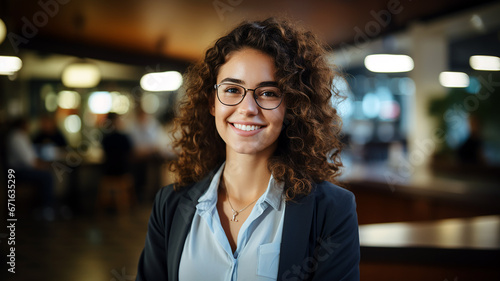 Portrait of a beautiful confident businesswoman smiling and standing in a modern office. For business, marketing, advertising concept. Generative AI