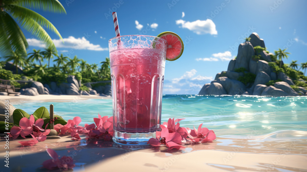 A glass of exotic fruit cocktail on the table against the backdrop of a tropical beach - obrazy, fototapety, plakaty 