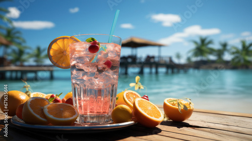Fototapeta Naklejka Na Ścianę i Meble -  A glass of exotic fruit cocktail on the table against the backdrop of a tropical beach