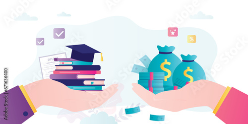 Education for money concept. Hand holding textbooks, graduation cap and another hand holding money bags. Investment in knowledge, student loan and scholarship concept.