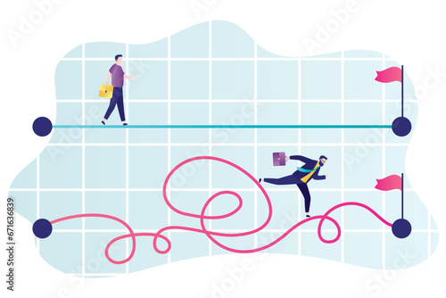 Simple and hard ways to goals. Short and long way to success in business. Two businessmen walking straight and tangled roads. Business competition. F