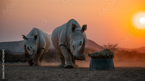 Rhino at sunset Feeding