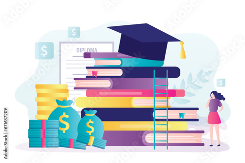 High tuition fees, poor girl thinks about student loan. Education credit or scholarship, college fee, tuition expenses, textbooks and graduation hat. Finance system