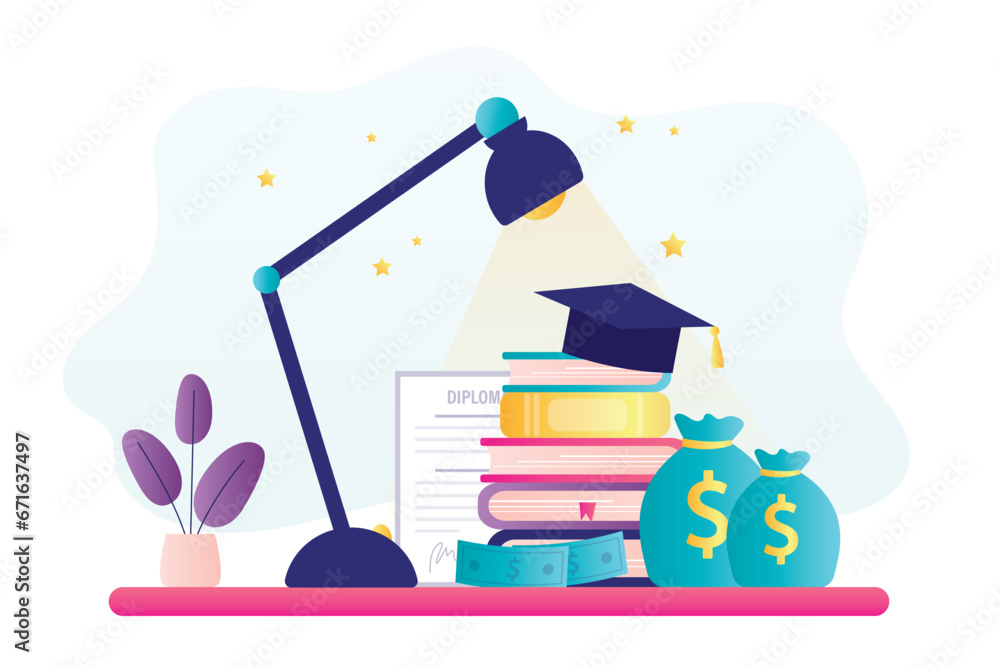 Problem of high cost of education, tuition fees. Money savings for study. Investment in knowledge learning student, credit scholarship. Stack of books Problem of high cost of education, tuition fees. Money savings for study. Investment in knowledge learning student, credit scholarship. Stack of books