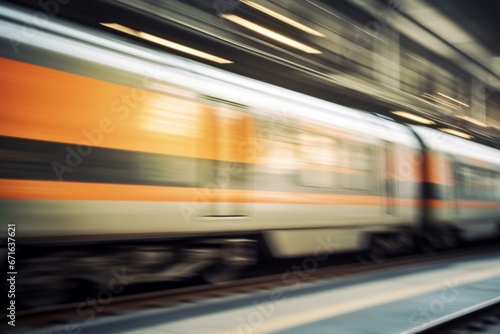 Image of fast-moving train with a blurred effect. Generative AI © Ilya
