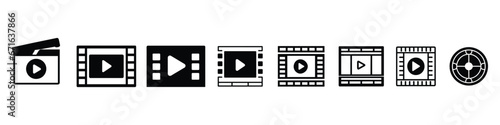 Movie clapper board icon, Clapper board icon with button player in flat style. Clapperboard Vector Illustration. Movie Film clapper board. Filmmaking or video playing icon, video player button.