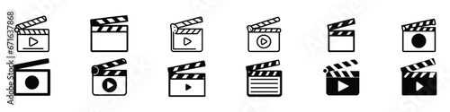 Movie clapper board icon, Clapper board icon with button player in flat style. Clapperboard Vector Illustration. Movie Film clapper board. Filmmaking or video playing icon, video player button.