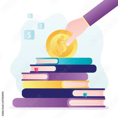 Investment in knowledge, student loan and scholarship concept. High tuition fees. Education credit, college fee, tuition expenses. Student hand insert golden coin in textbooks.