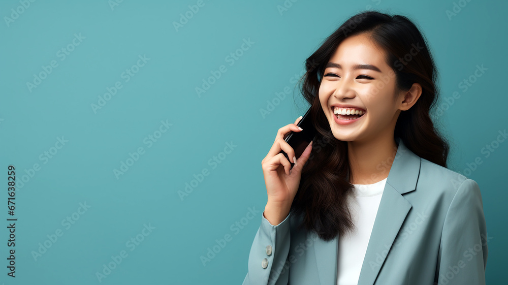 Young woman smiling happy pretty and holding mobile phone. Typing message doing ecommerce shopping on cell, using trendy apps on cellphone isolated on blue background with copy space. Young woman smiling happy pretty and holding mobile phone. Typing message doing ecommerce shopping on cell, using trendy apps on cellphone isolated on blue background with copy space.