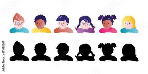 Collection of kids faces and black silhouettes. Set of multicultural children or teenagers avatars. Schoolboys and schoolgirls with various hairstyles.