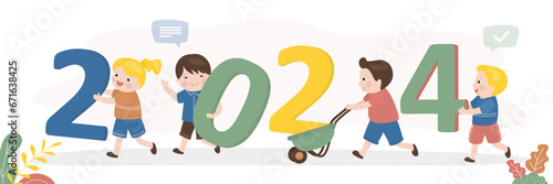 Celebrating of new 2024 year. Group of preschool kids celebrate for new year 2024. Happy multiethnic children carrying giant numbers.