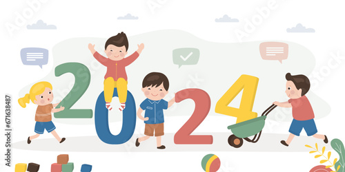 New 2024 year. Group of preschool kids celebrate for new year 2024. Happy children with giant numbers.