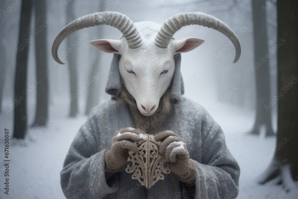 Shaman wearing in horn goat mask and gray dress on blurred winter landscape. Mystical ritual of death. Sacred objects for ancient pagan rites. Slavic or Scandinavian culture ritual - obrazy, fototapety, plakaty 
