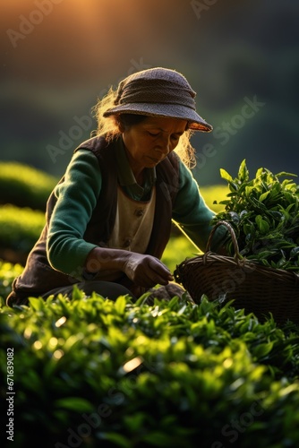A woman harvests tea leaves at a tea plantation