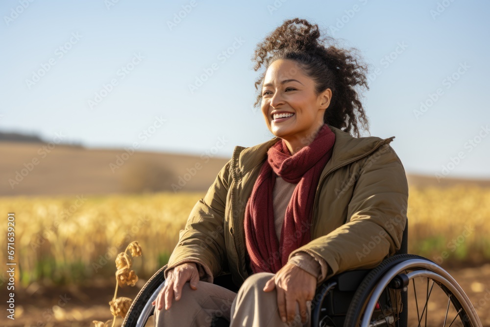 Cheerful African American woman in wheelchair