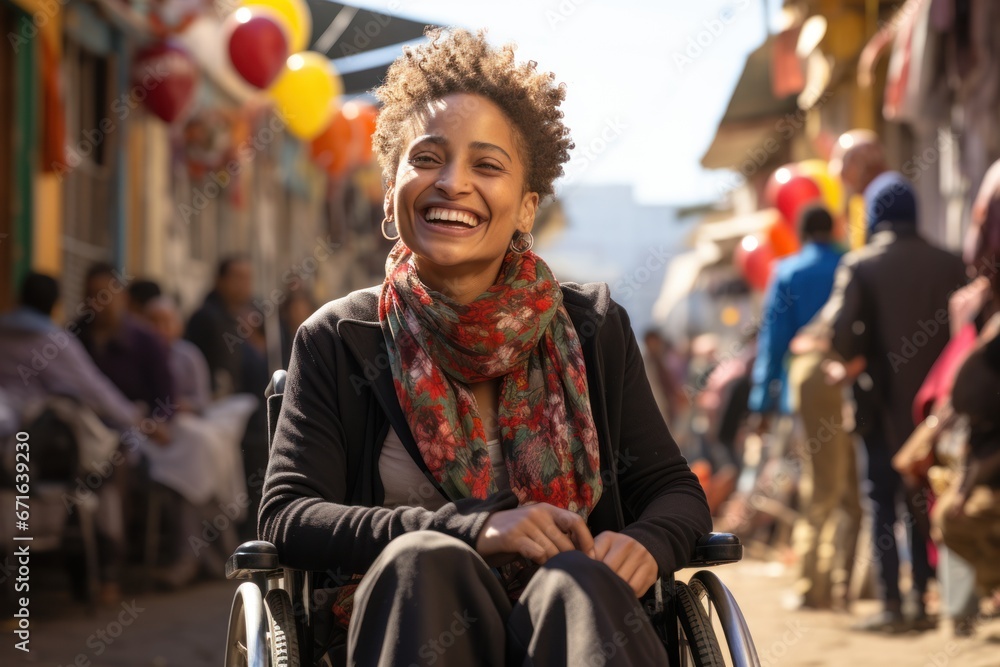 Cheerful African American woman in wheelchair Cheerful African American woman in wheelchair
