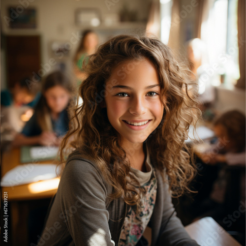 portrait of a 13-year-old middle-school girl, smiling from the front in a classroom composition