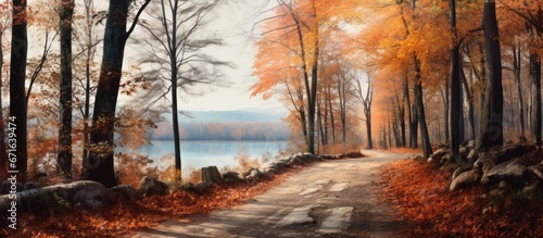 The photo manipulation creates a digital painting effect of autumn leaves scattered on a forest road and trees