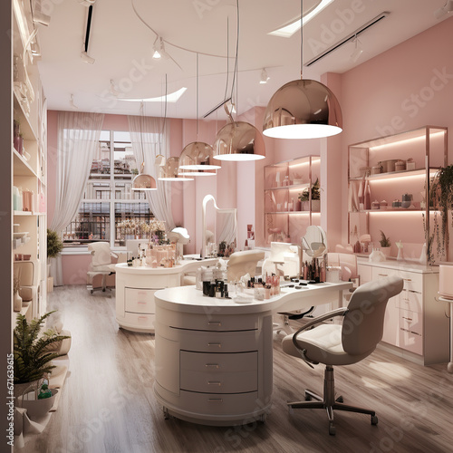 Pink interior of a luxury beauty salon. Generative AI photo