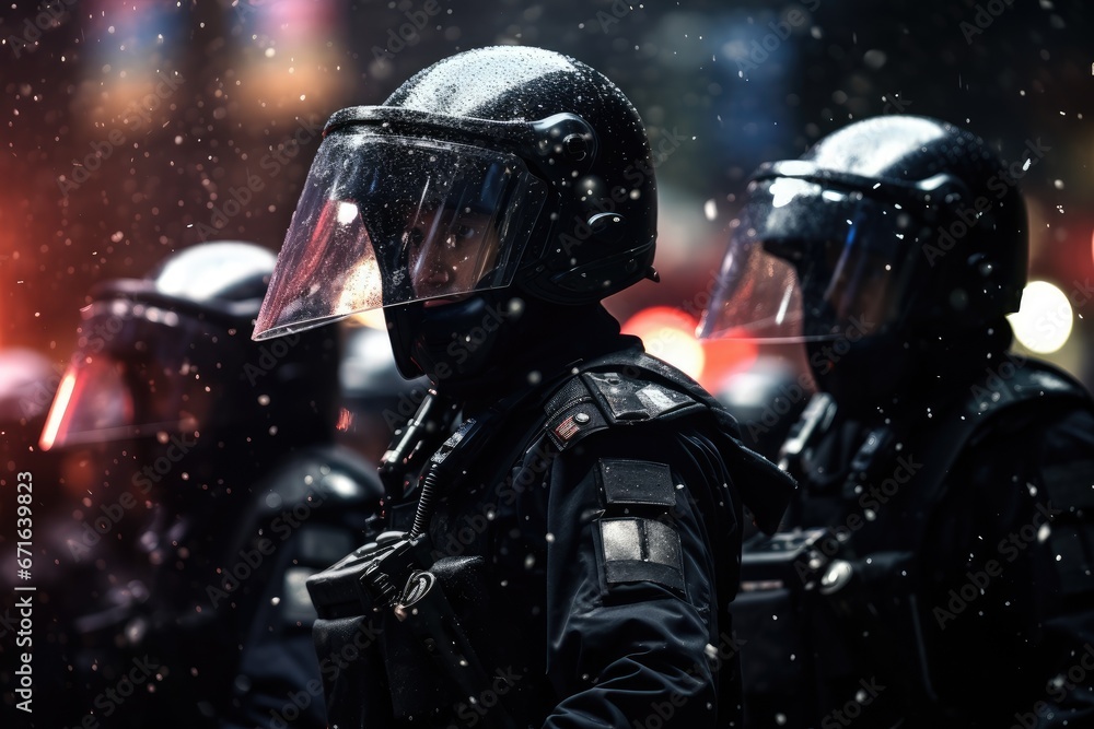 Special task force team in action. Special police forces ensure public order at protest rally. Group of soldiers with weapon on the street. Military operations or special operation concept Special task force team in action. Special police forces ensure public order at protest rally. Group of soldiers with weapon on the street. Military operations or special operation concept