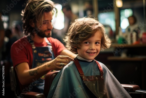 Child with at the hairdresser having a haircut © sirisakboakaew