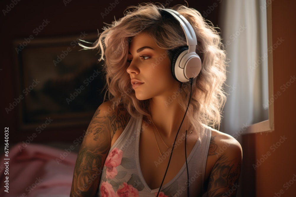 contemporary tattooed woman listening to music at home.