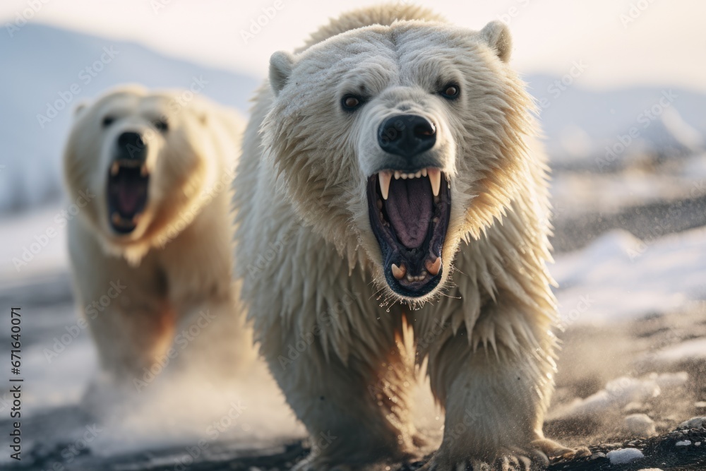 The faces of two white bears roared,