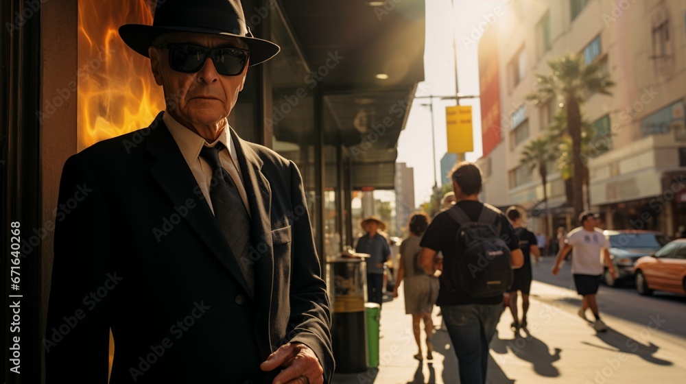 Elder Man in black suit walking on the street of city, wear hat and sunglasses