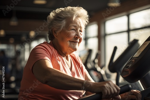 Fat elder woman exercising in gym