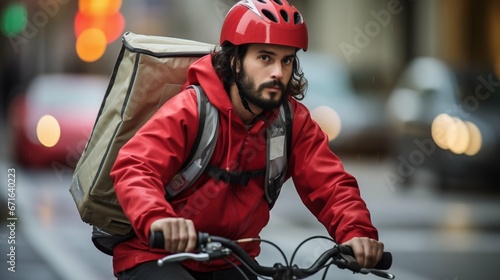 Pizza delivery man ride a bicycle on a street