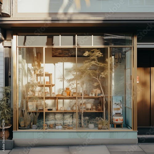 Storefront of minimal small shop  with tree pot