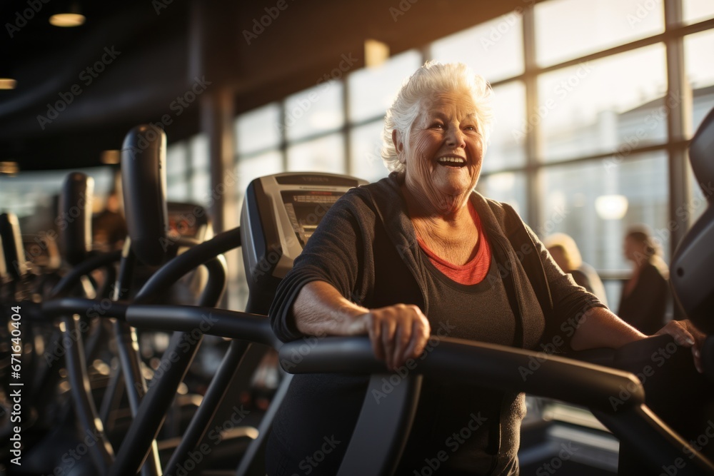 Fat elder woman exercising in gym