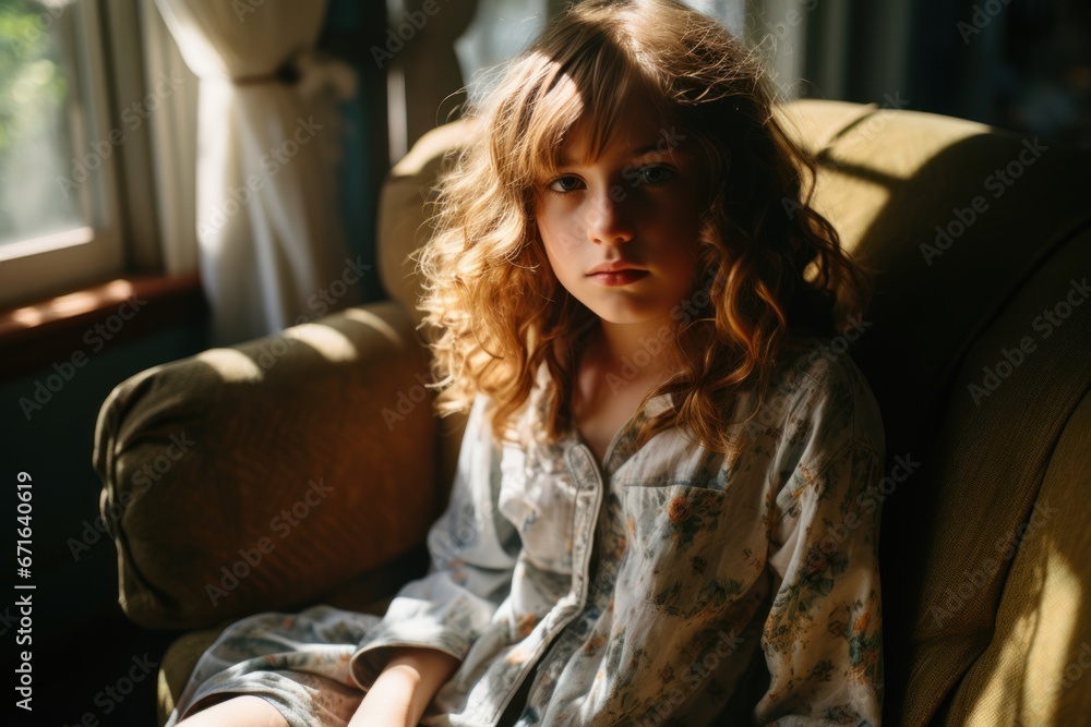 Girl sitting on chair by window at home Girl sitting on chair by window at home