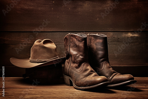 American West Cowboy old hat and leather boots in a vintage ranch wooden barn