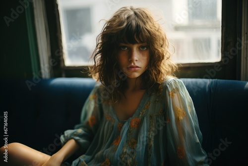 Girl sitting on chair by window at home