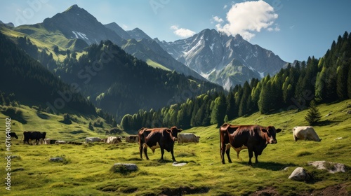 Herd of alpine cows grazing in mountains © sirisakboakaew