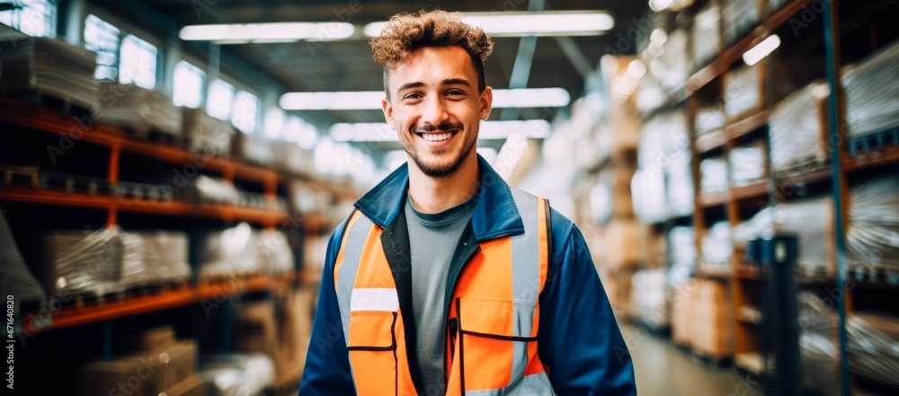 A smiling young man working on a warehouse a . Copy space for text, banner, background A smiling young man working on a warehouse a . Copy space for text, banner, background