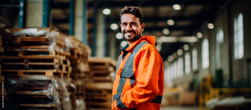 A smiling young man working on a warehouse a . Copy space for text, banner, background A smiling young man working on a warehouse a . Copy space for text, banner, background