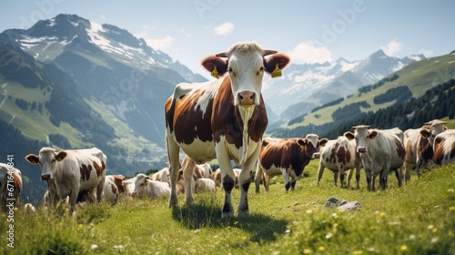 Herd of alpine cows grazing in mountains photo