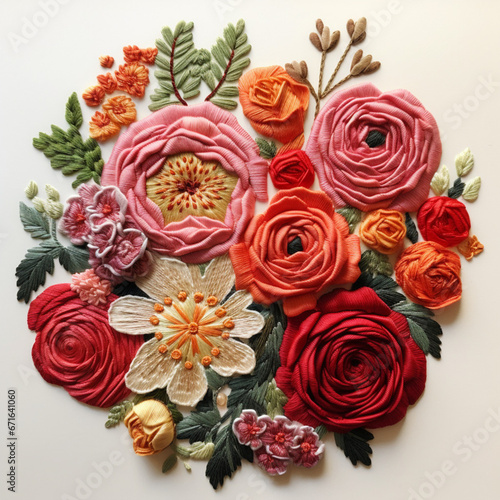 Handmade embroidery with colorful flowers background  top view