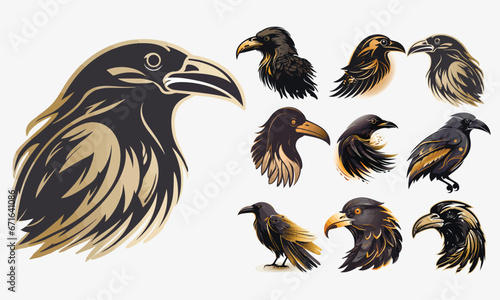 Vector Raven collection. Black and gold Crow, raven, birds set