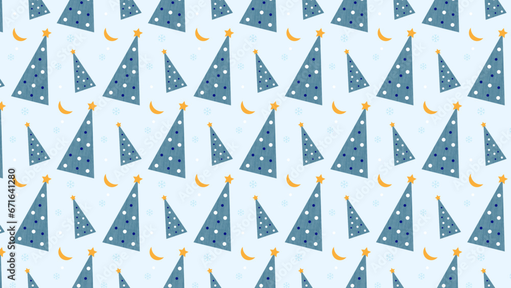 Motif hivernal avec des sapins de Noël bleus, des étoiles et des flocons. Motif hivernal avec des sapins de Noël bleus, des étoiles et des flocons.