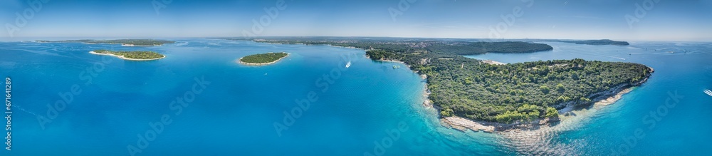 Drone panorama over Brijuni islands in front of Pula in Istria in summer