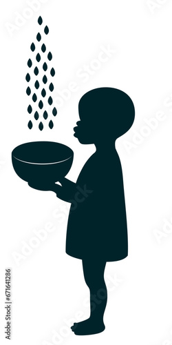 African child holding an empty bowl, with a few grains falling from the sky flat style vector illustration, Africa Hunger crisis, acute food insecurity concept stock vector image