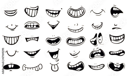Big Set of Retro Cartoon Characters' Funny Mouths: Vintage 30s, 50s, and 60s Old Animation, Comic Mouth Elements. Smiley Vector Faces with a Range of Funny Emotions, Including Happy and Sad Expression
